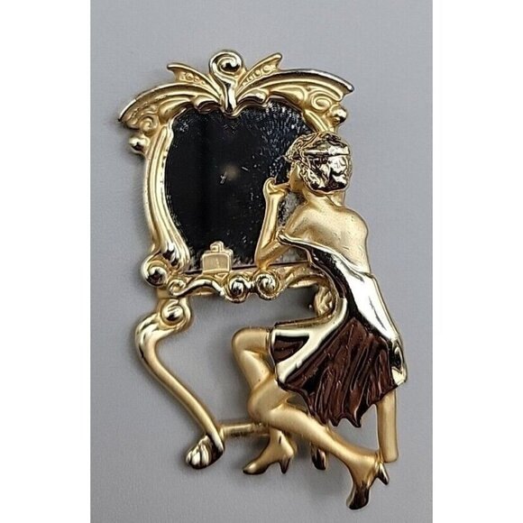 AJC Jewelry - Vintage AJC Brooch Gold Tone Cute Figural Detailed Lady Doing Make-Up In Mirror